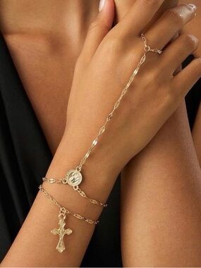 💞 New Elegant Gold Hand Chain Bracelet & Cross Charm Bracelet Set